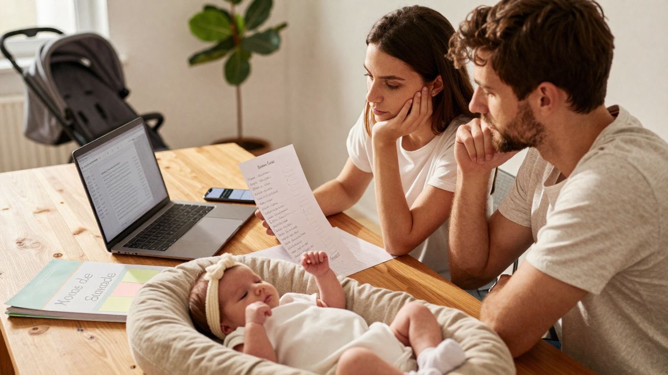 Casal preocupado analisa contas à mesa com bebé recém-nascido numa cama de bebé em primeiro plano.