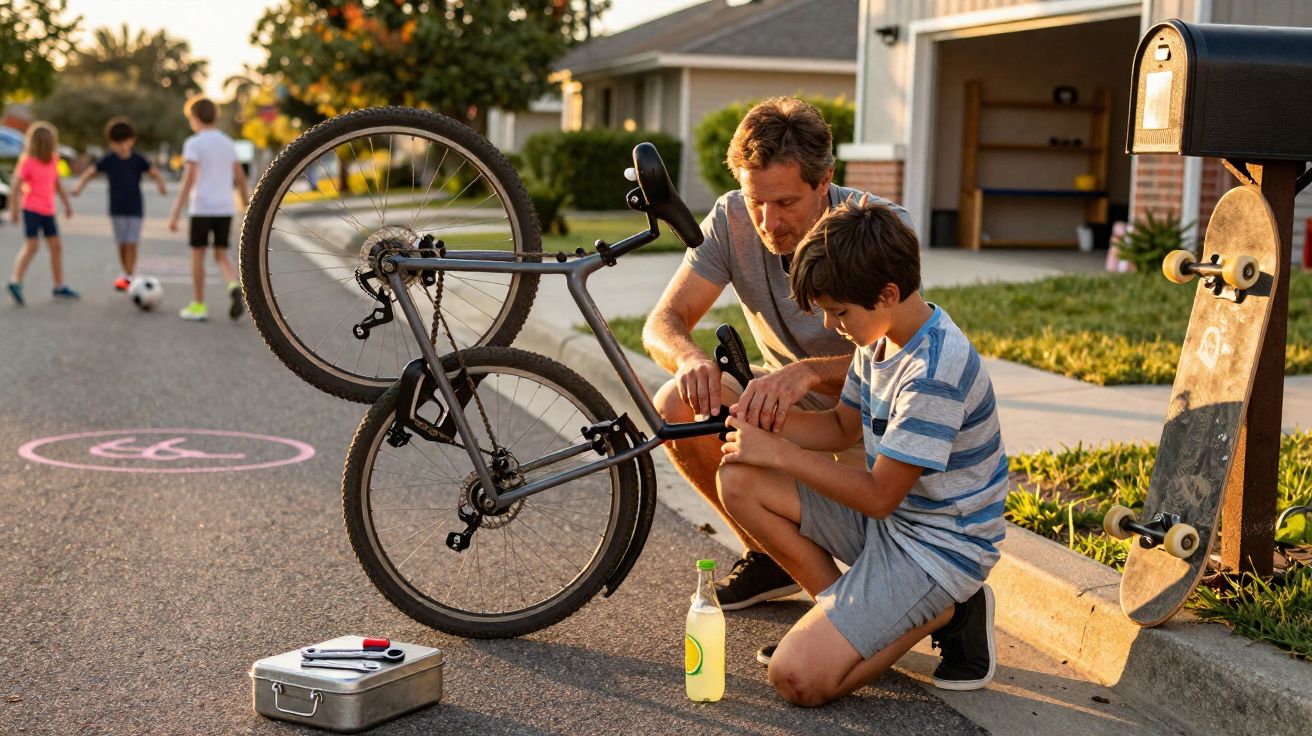 Pai e filho juntos a arranjar uma bicicleta na rua, com crianças a jogar futebol ao fundo.