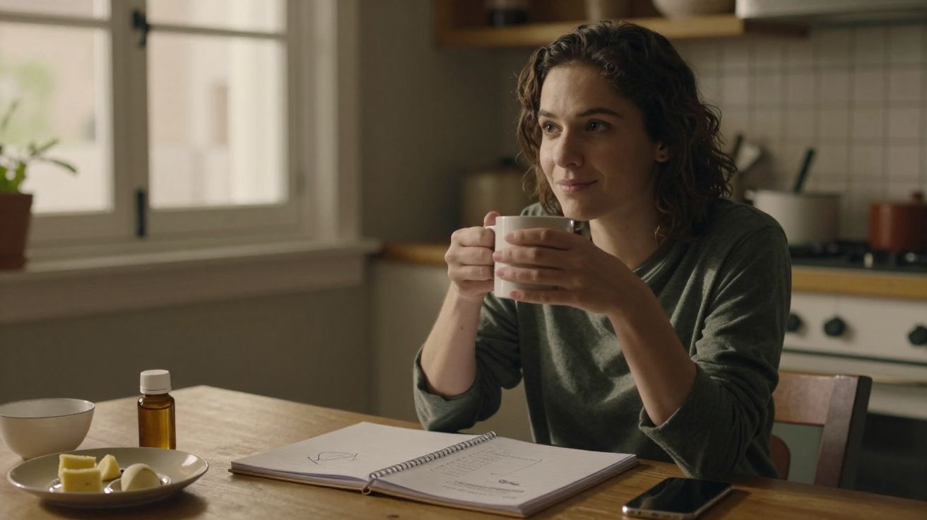 Mulher sentada à mesa da cozinha a beber de uma chávena com livro aberto e telemóvel à frente.