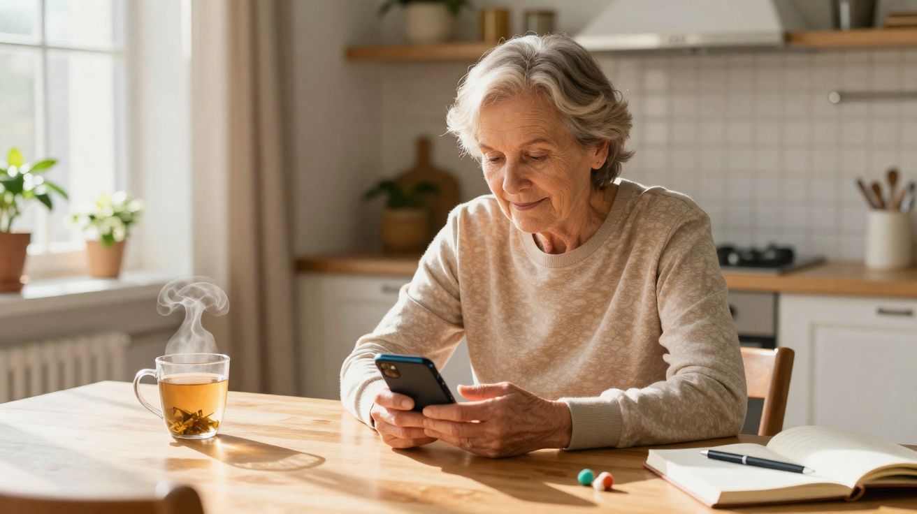 Senhora idosa sentada à mesa na cozinha, a olhar para o telemóvel, com chá fumegante e caderno aberto.
