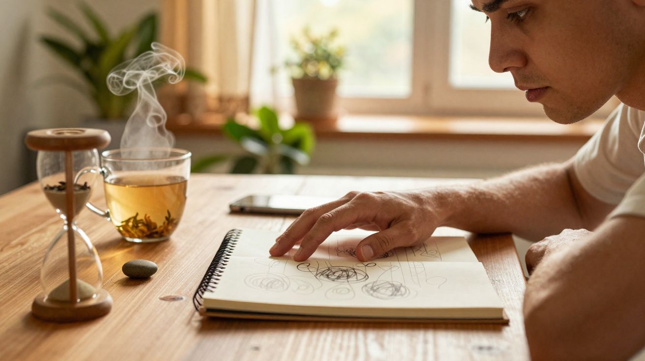 Homem desenha num caderno com chá a fumegar e ampulheta numa mesa de madeira iluminada pela luz natural.