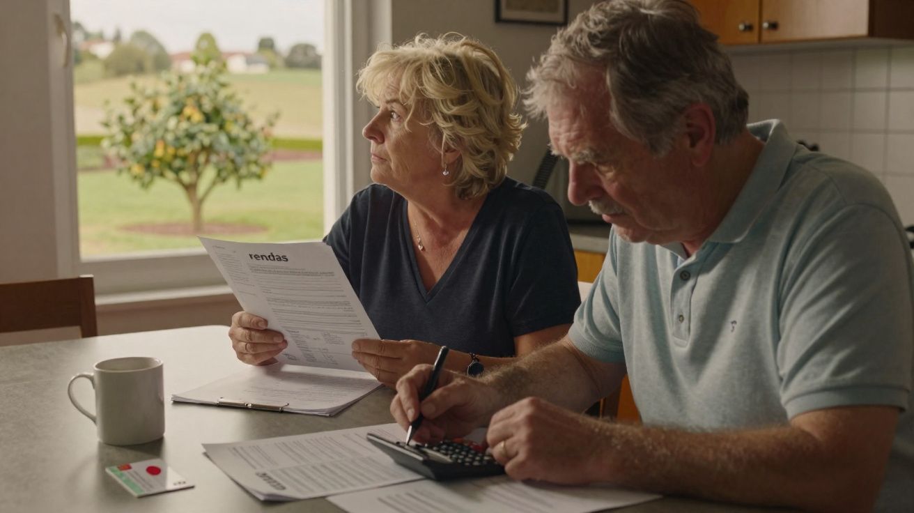 Casal sénior sentado à mesa a analisar documentos financeiros e usar calculadora numa cozinha iluminada.