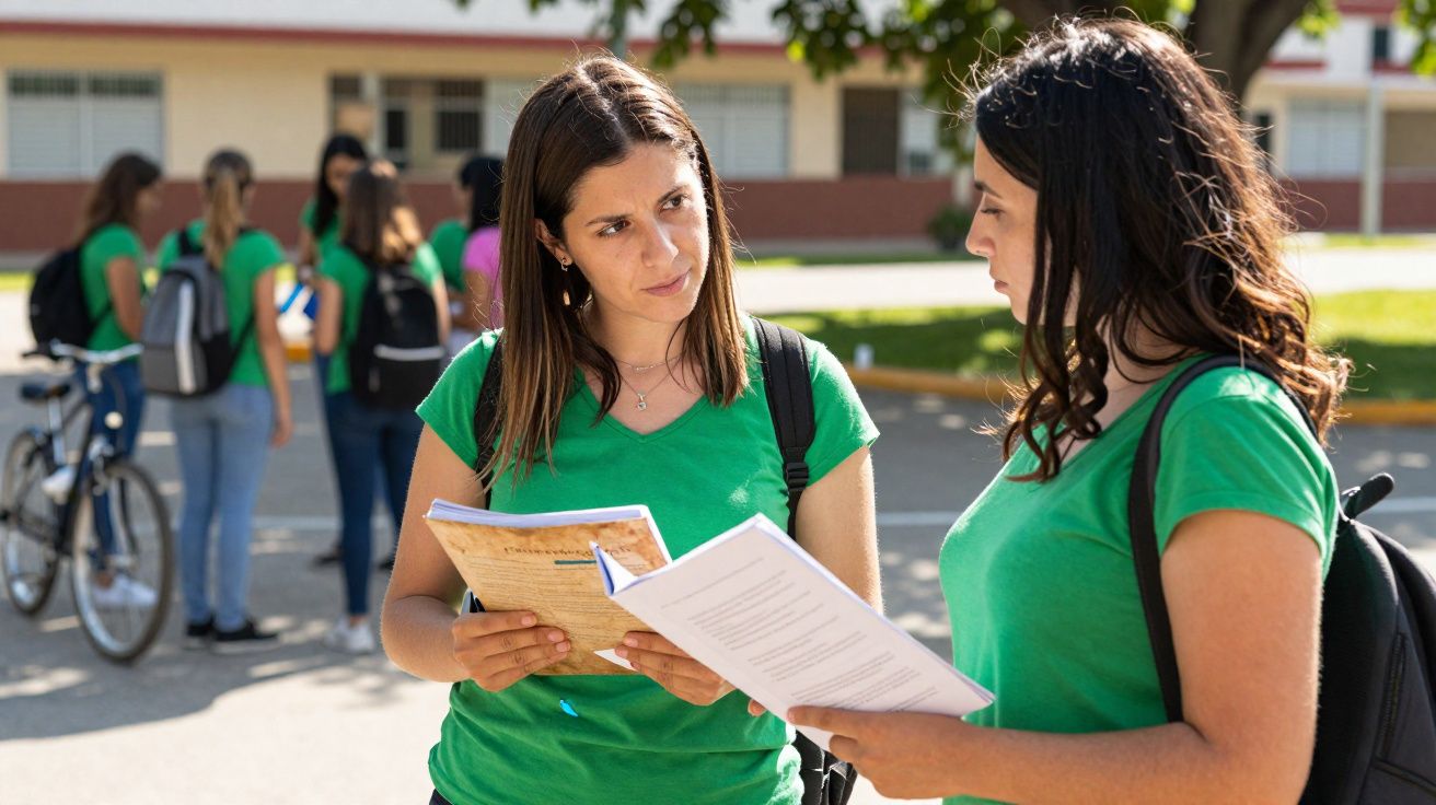Duas estudantes com t-shirts verdes conversam e examinam documentos numa escola ao ar livre.
