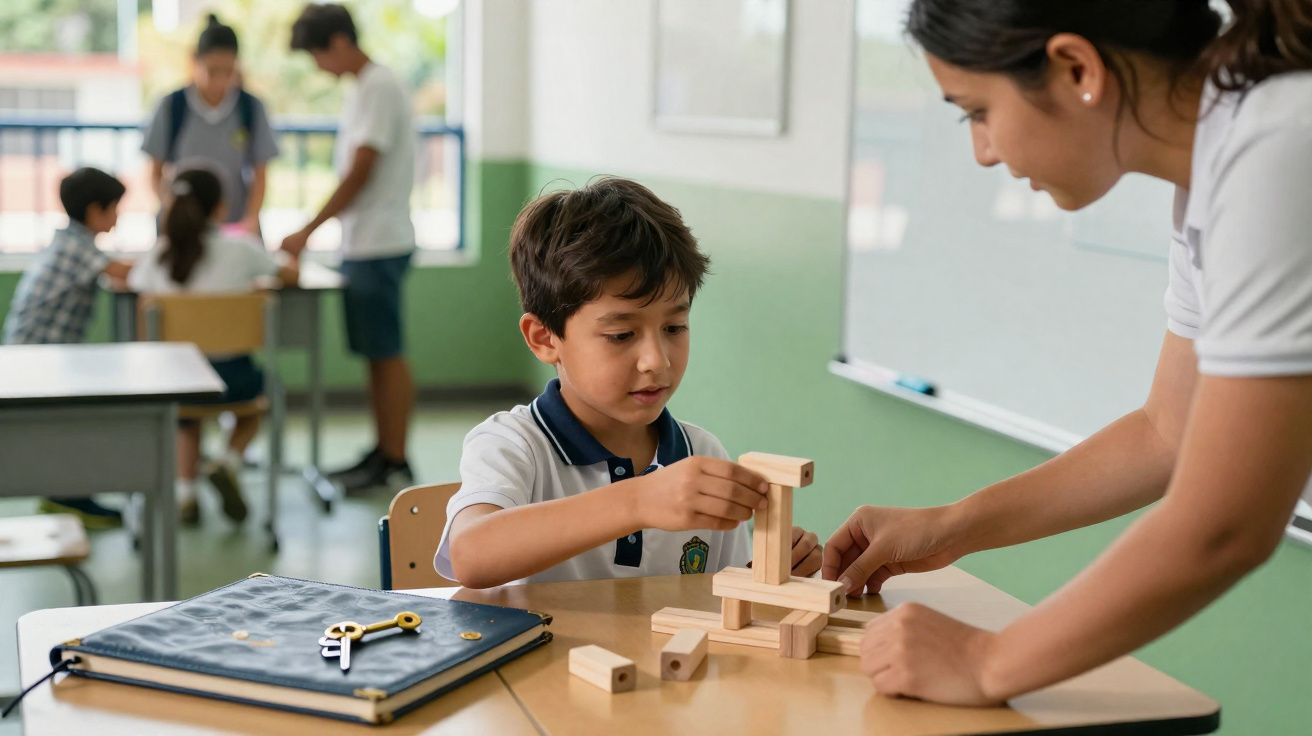 Menino e professora constroem torre com blocos de madeira numa sala de aula numa atividade educativa.