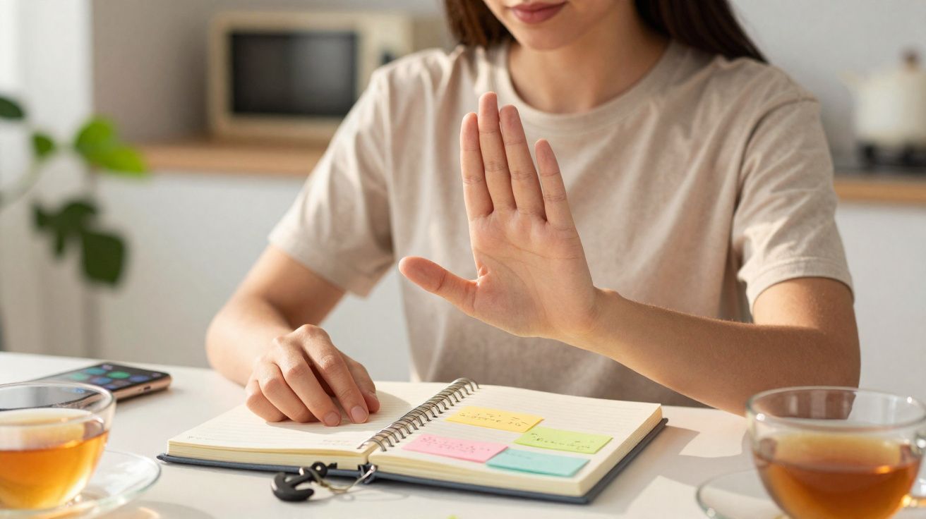 Pessoa sentada à mesa com caderno aberto, mão levantada em gesto de recusa, chá à volta.