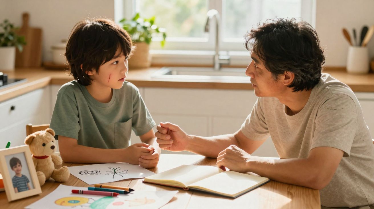 Pai conversa seriamente com filho na cozinha, perto de desenhos e brinquedo de peluche.