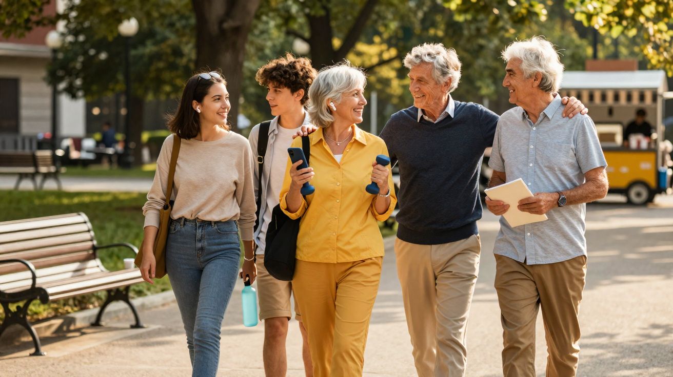 Grupo de cinco pessoas de diferentes idades a caminhar e sorrir num parque urbano ensolarado.
