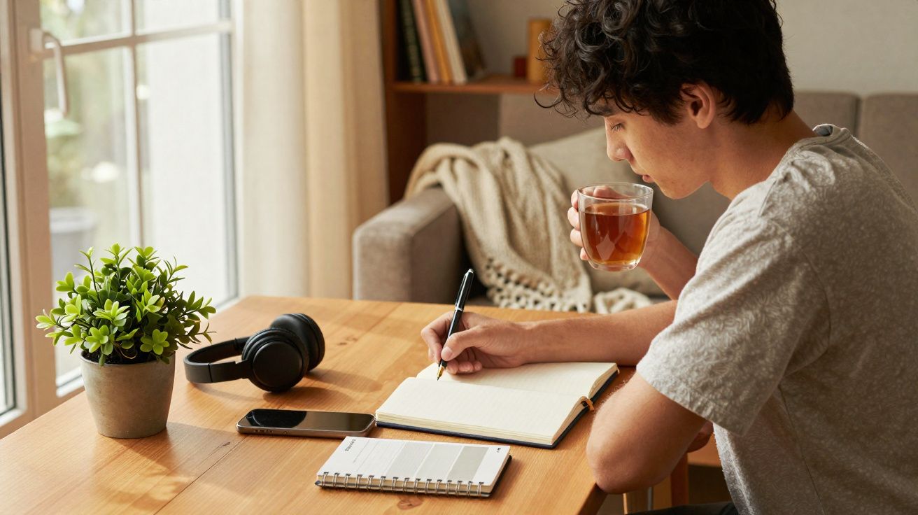 Jovem a beber chá e a escrever num caderno numa mesa com headphones, telemóvel e planta perto da janela.