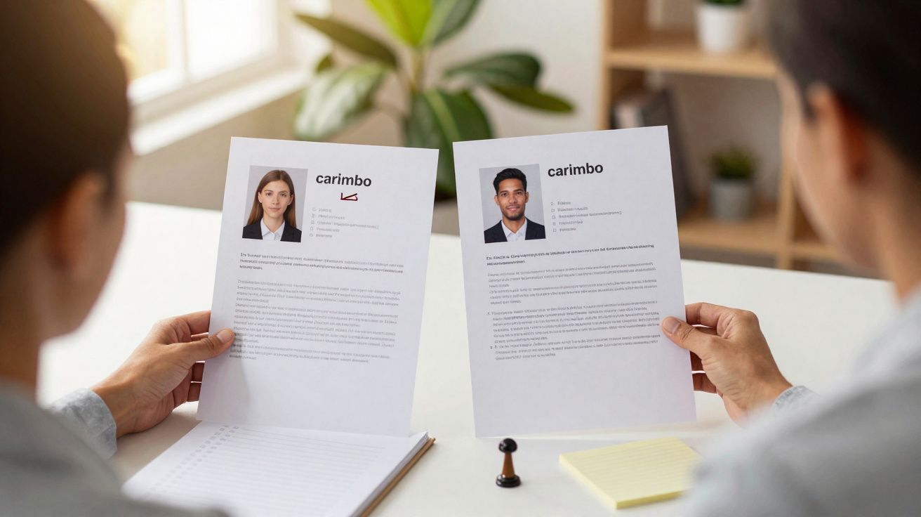 Duas pessoas a analisar currículos com fotos e textos durante uma entrevista de emprego.