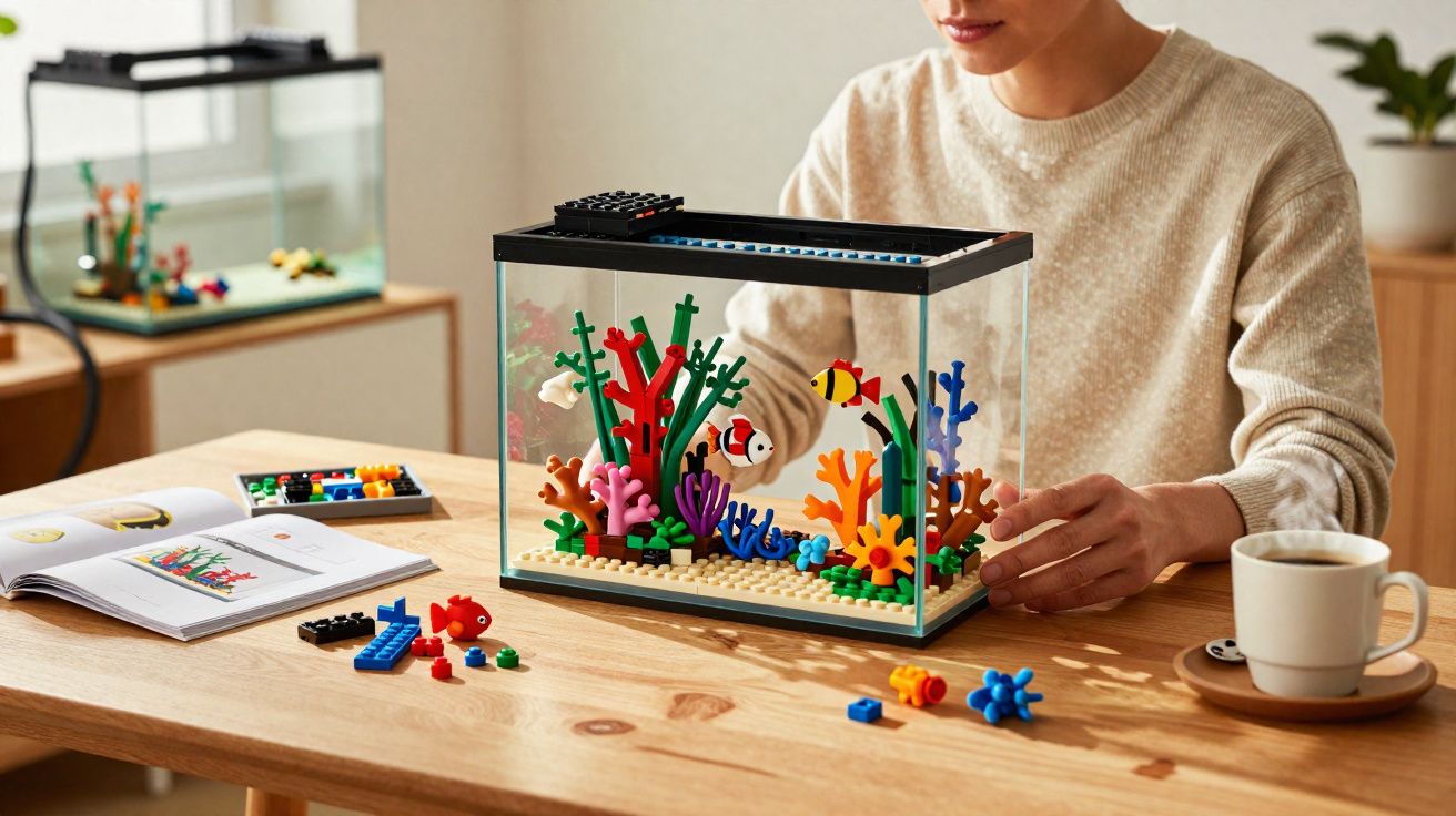 Pessoa a montar aquário de Lego com peixes e corais coloridos numa mesa de madeira, ao lado de chávena de café.