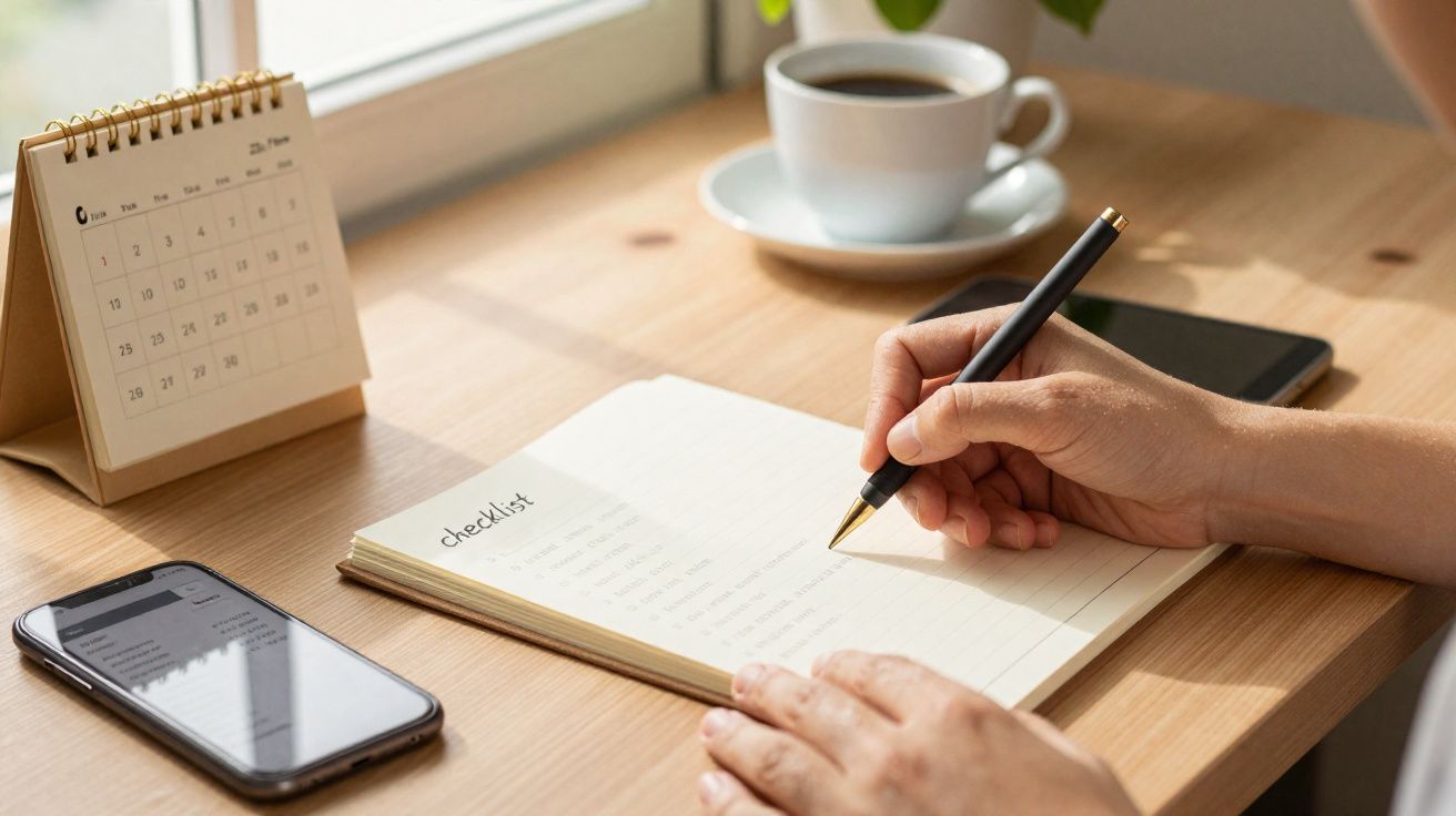 Pessoa a escrever uma lista de tarefas num caderno, com um telemóvel, um calendário e uma chávena de café sobre a mesa.