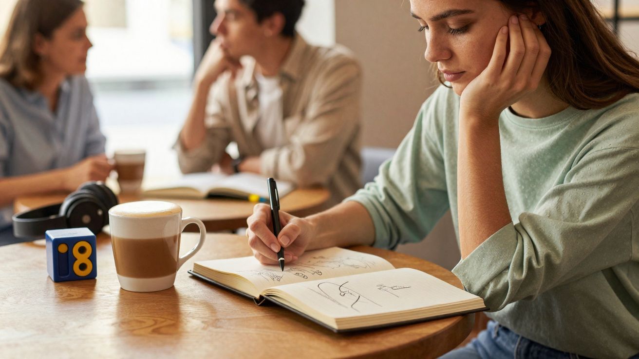 Pessoa a desenhar num caderno numa mesa de café, com duas pessoas a conversar ao fundo.