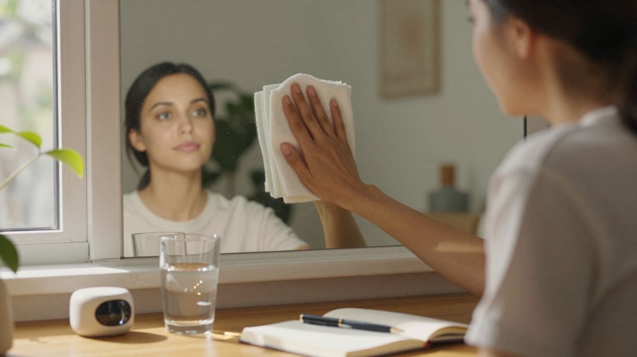 Mulher a limpar um espelho num ambiente iluminado, com copo de água, agenda e caneta sobre a mesa.