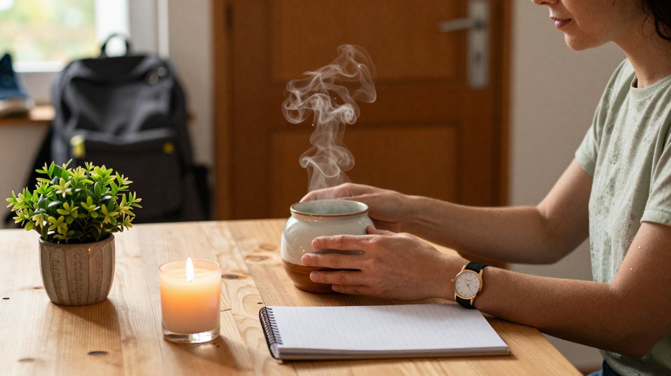 Pessoa a segurar chávena fumegante junto a vela, caderno aberto e planta sobre mesa de madeira.