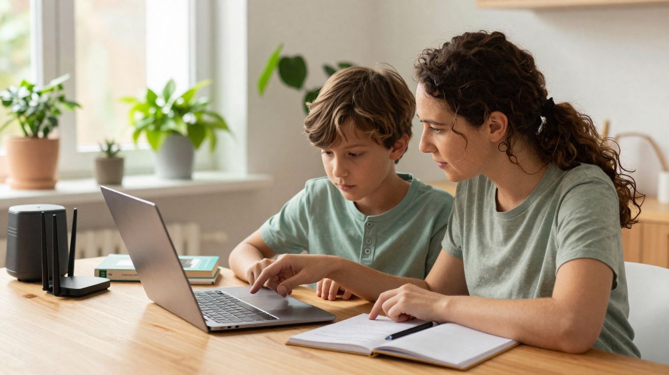 Mulher ajuda menino com lição de casa usando portátil numa mesa com caderno e plantas ao fundo.