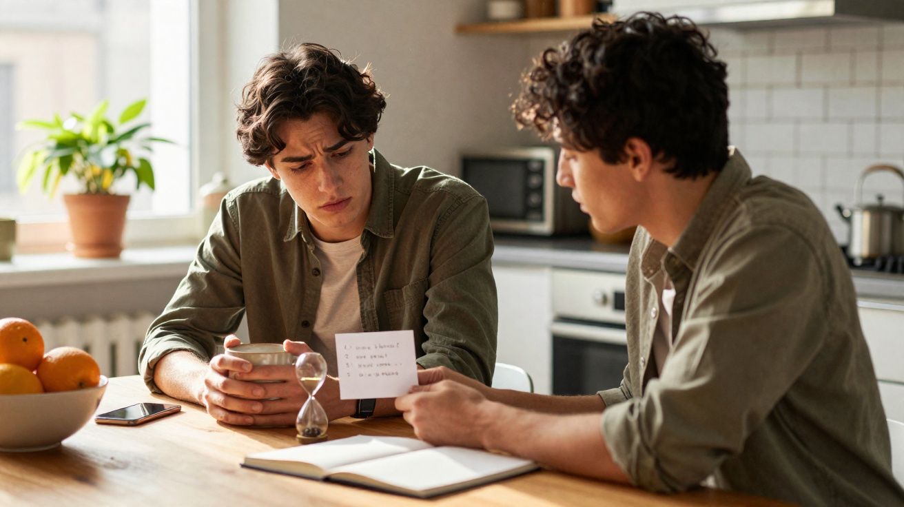 Dois jovens sentados numa cozinha, um segurando um copo e o outro mostrando uma nota escrita.