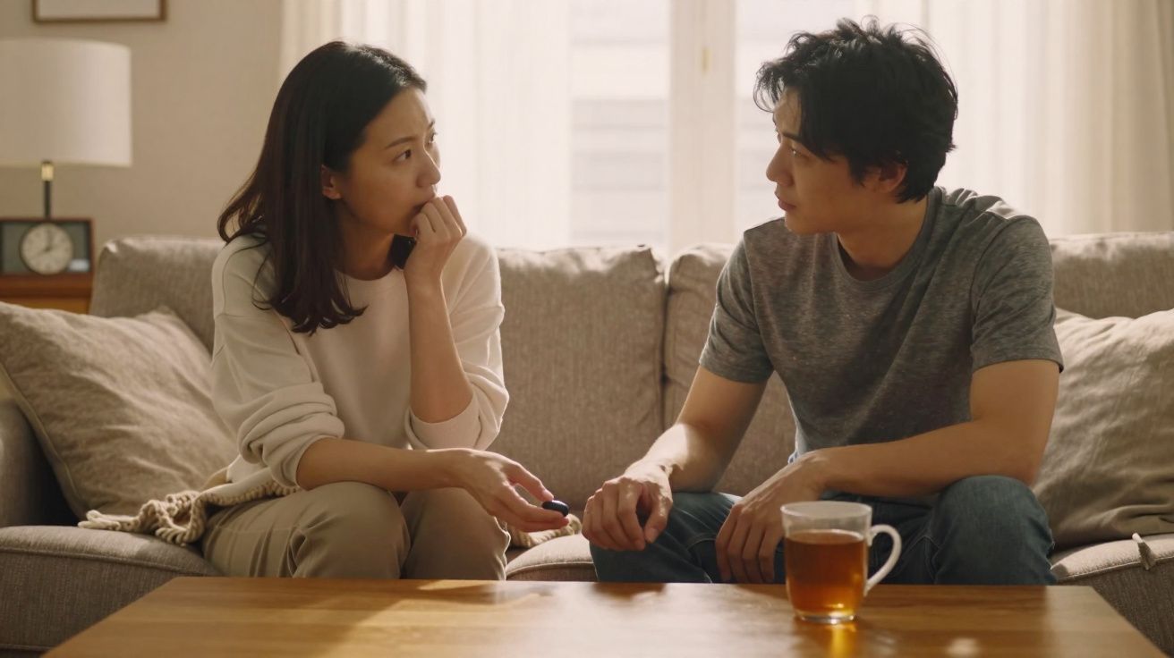 Casal sentado no sofá em conversa séria, ela com expressão preocupada, ele a segurar-lhe a mão.