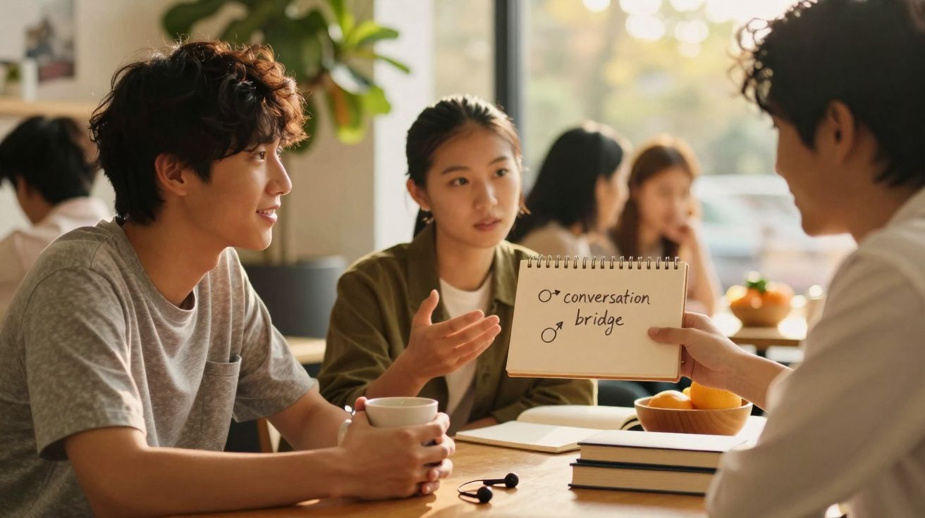 Três jovens sentados numa mesa discutem com cadernos e livros, um mostra uma folha com texto em inglês.