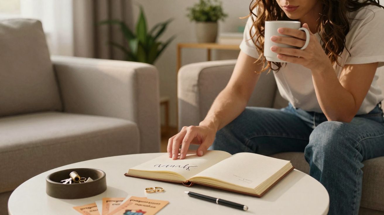 Pessoa sentada a beber bebida quente e a escrever numa agenda numa sala de estar aconchegante.