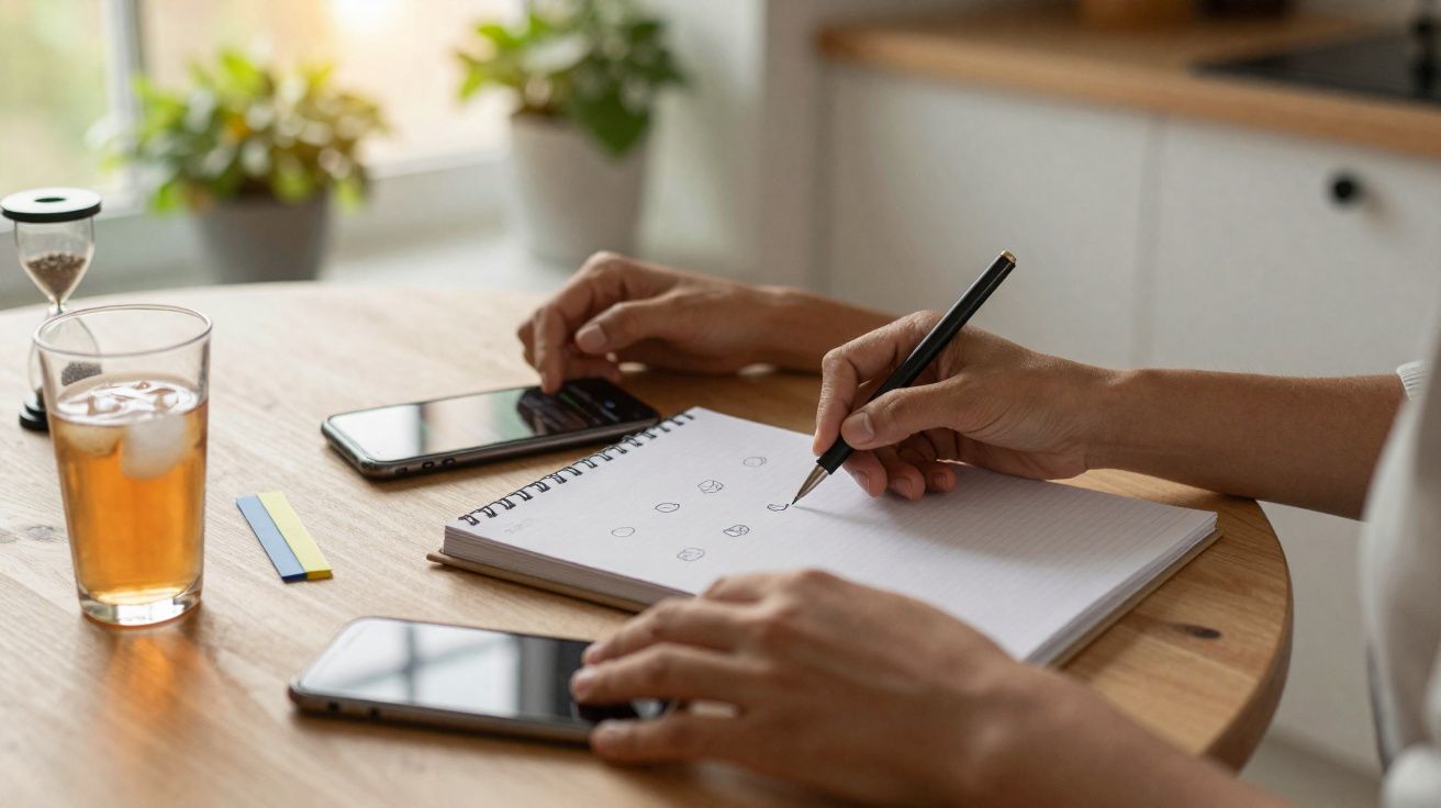 Mãos a desenhar esboços num caderno numa mesa com dois telemóveis, copo de chá e ampulheta.