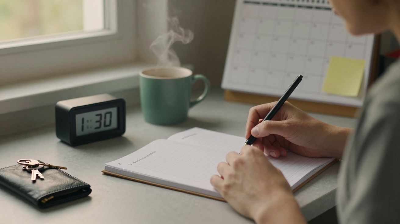Pessoa a escrever num caderno junto a um relógio digital, caneca com vapor e carteira com chaves numa mesa.