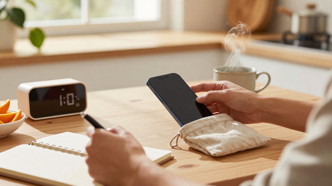 Pessoa a escrever numa agenda e a pegar num telemóvel sobre uma mesa de madeira com relógio e chá quente.