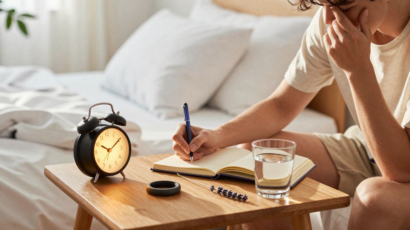 Pessoa a escrever numa agenda junto a um despertador, copo de água e cama desfocada ao fundo.
