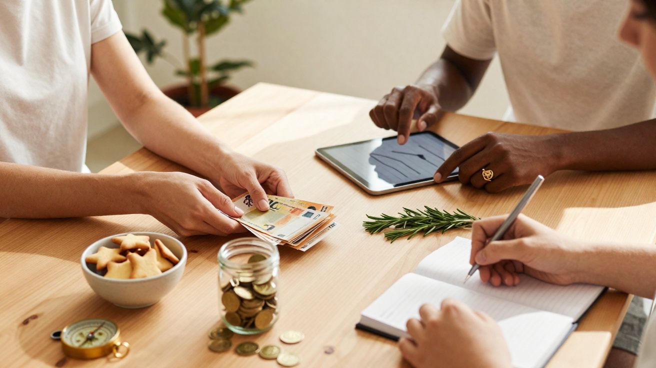 Duas pessoas a contar dinheiro e uma a escrever num caderno numa mesa com jarra de moedas e biscoitos.