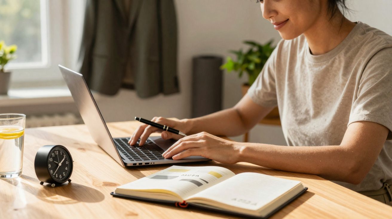 Mulher a trabalhar num portátil numa mesa com agenda aberta, relógio e copo de água com limão.