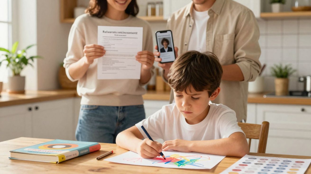 Criança a desenhar numa folha, enquanto adultos mostram um documento impresso e uma imagem num telemóvel na cozinha.