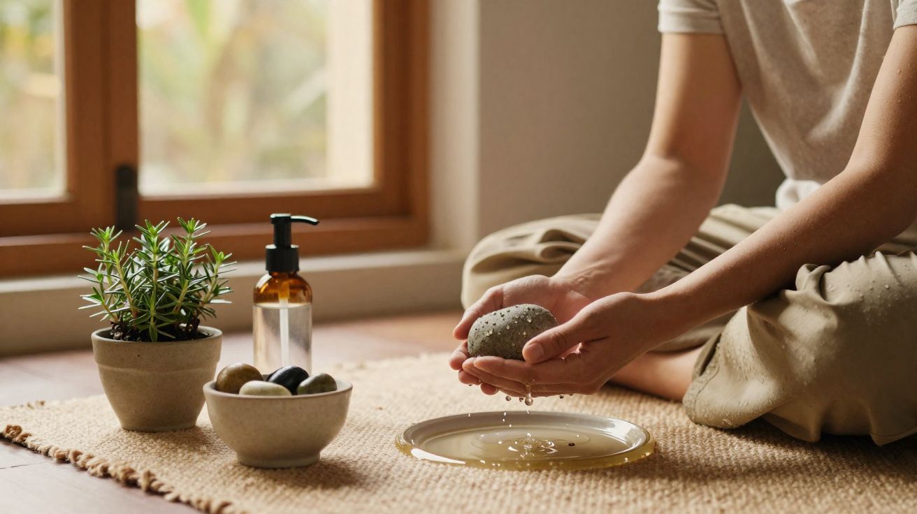 Pessoa a espremer uma pedra vulcânica molhada sobre um prato, com plantas e pedras decorativas ao lado.