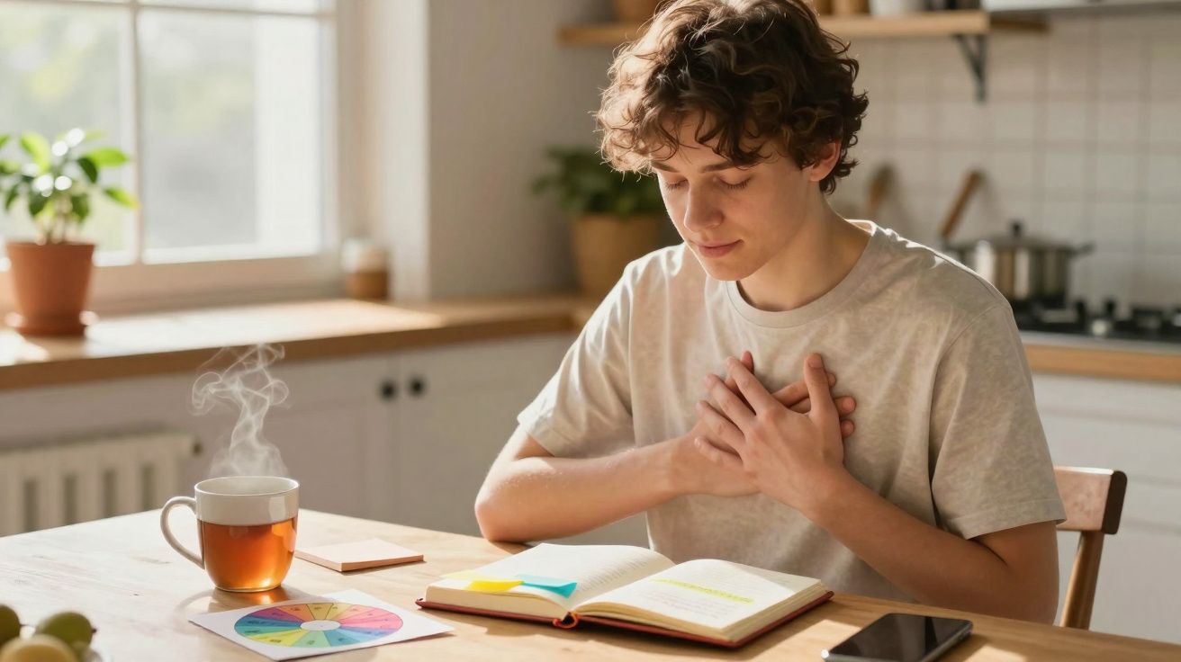 Jovem sentado à mesa com as mãos no peito, lendo um livro com chá quente à sua frente numa cozinha.