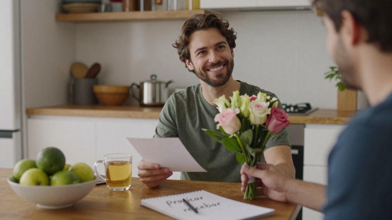 Homem sorridente sentado à mesa a receber um ramo de flores de outra pessoa numa cozinha acolhedora.
