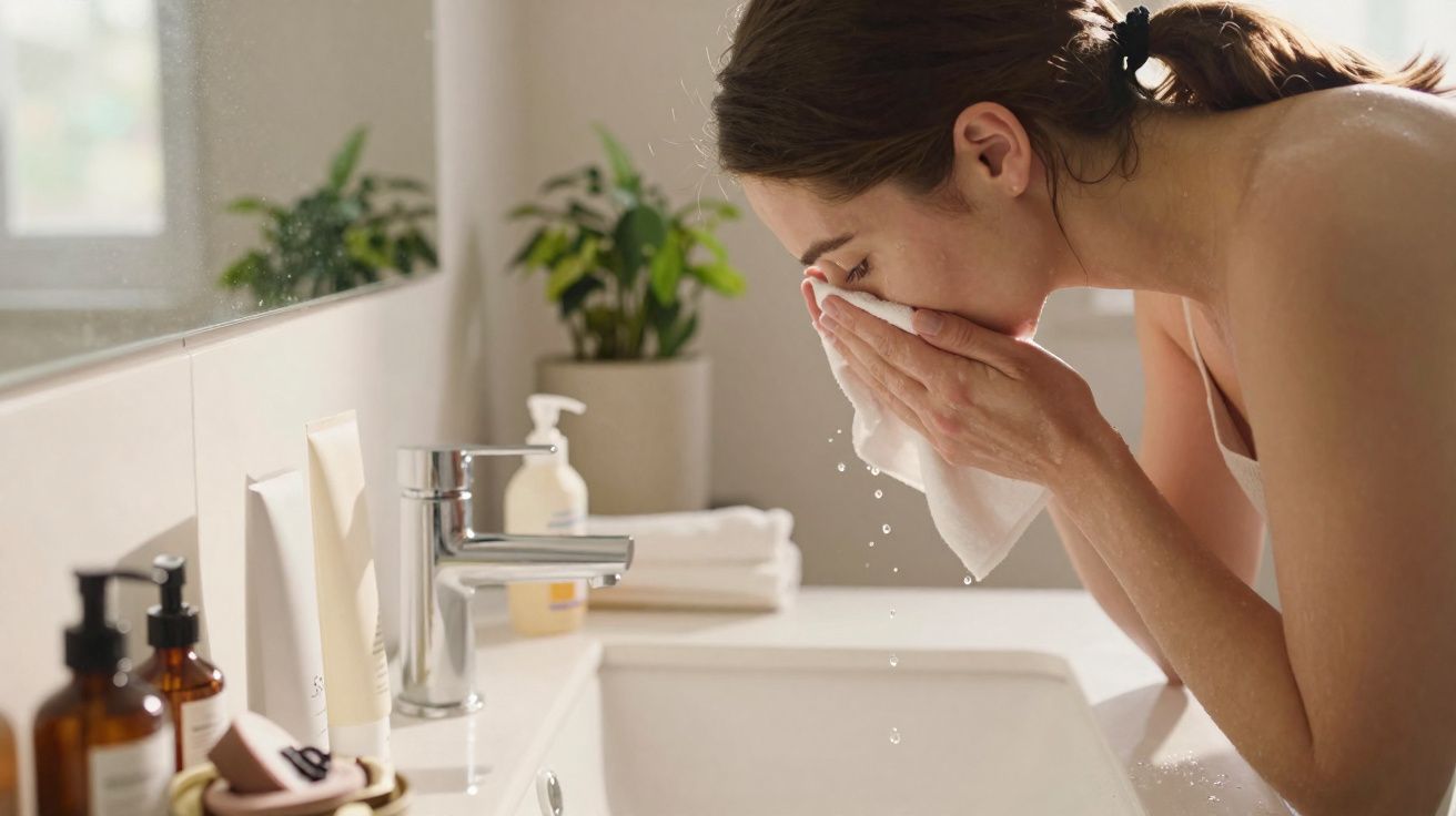 Mulher a secar o rosto com toalha junto à pia de casa de banho luminosa com plantas e produtos de cuidado.
