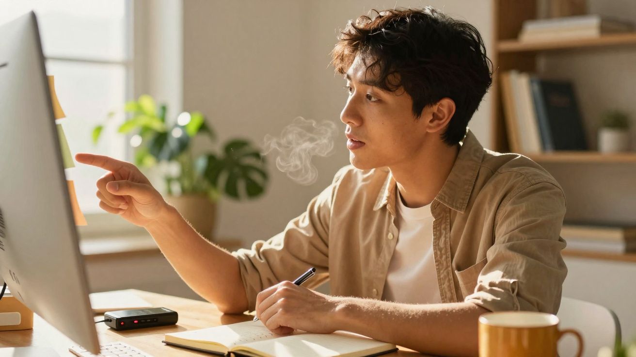 Jovem sentado numa secretária a apontar para o computador com um caderno e caneca à frente.