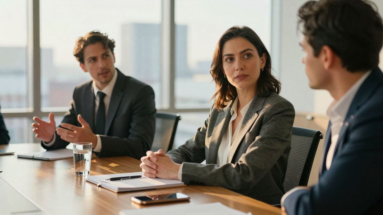 Profissionais em reunião de negócios a discutir, sentados à mesa com documentos e copo de água.