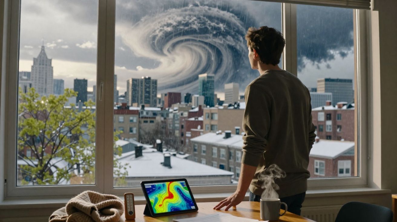 Jovem observa tornado gigante aproximar-se da cidade através da janela, com tablet a mostrar mapa meteorológico.