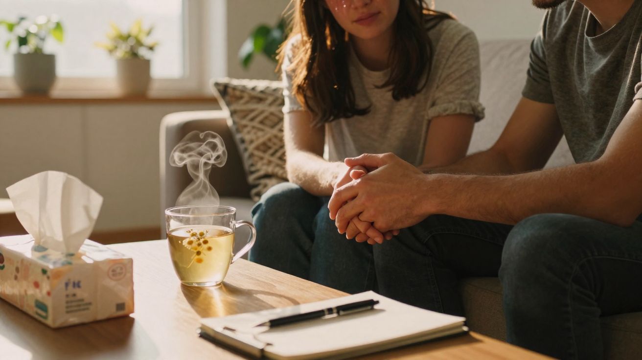 Pessoa a confortar outra sentada no sofá com chá quente e lenços na mesa à frente.