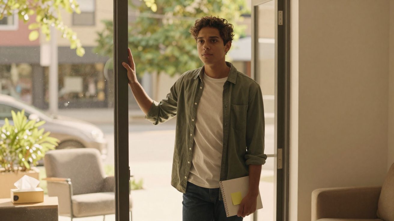 Jovem de camisa verde e camiseta branca a entrar numa sala iluminada, segurando um caderno com post-it amarelo.