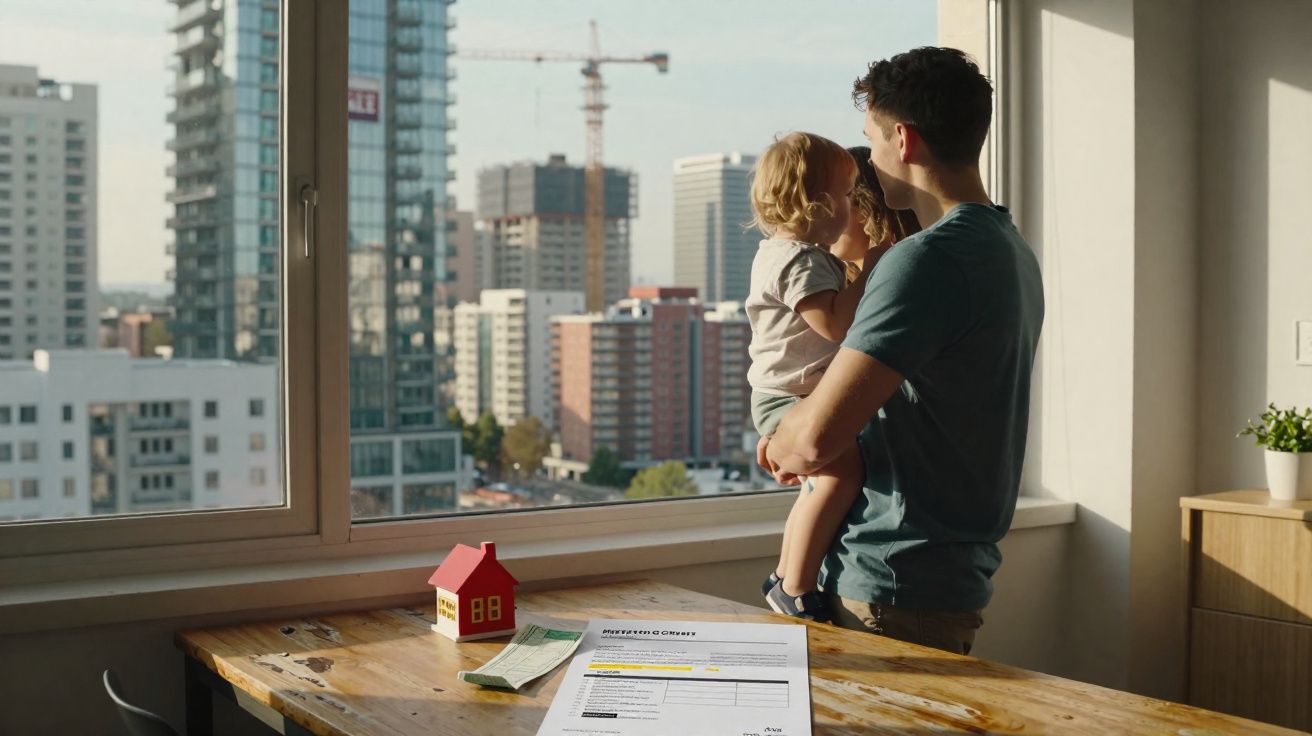 Homem a segurar criança perto de janela com vista para prédios urbanos, sobre mesa contrato imobiliário e maquete de casa.