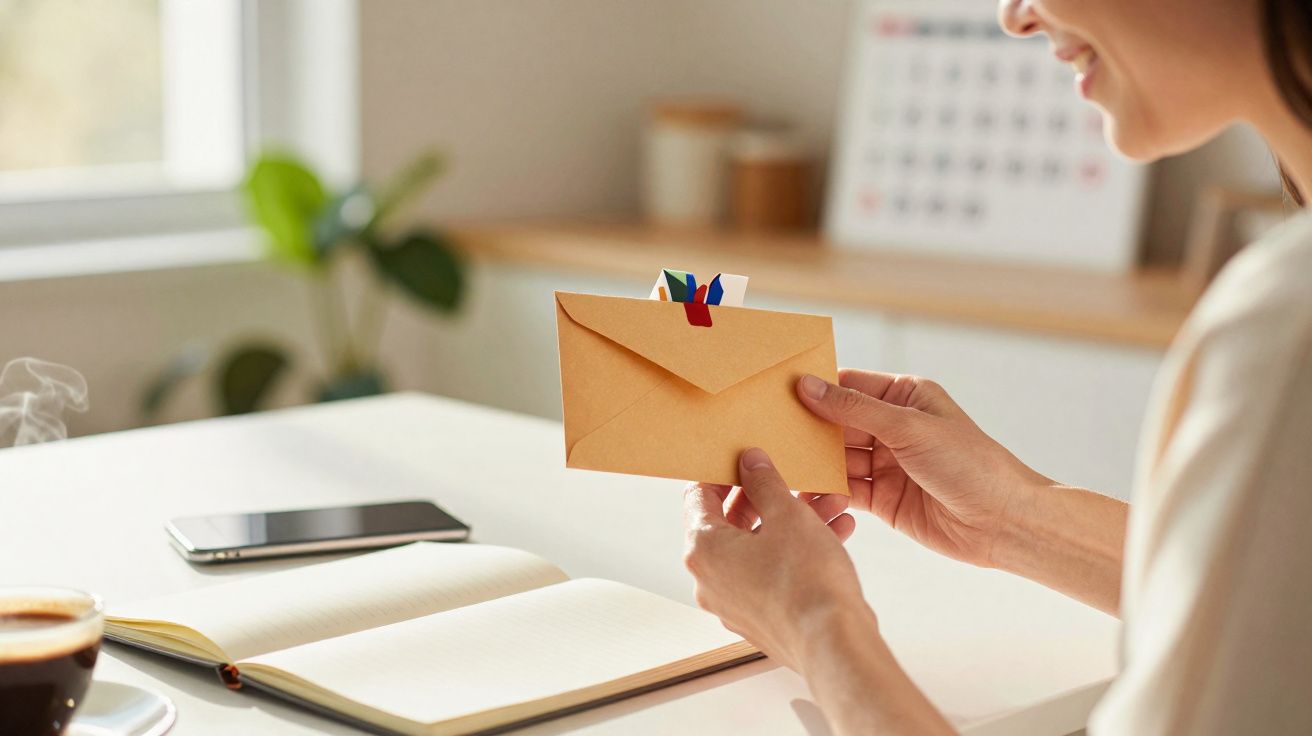 Pessoa a sorrir a abrir um envelope castanho numa mesa com caderno, telemóvel e chá quente.