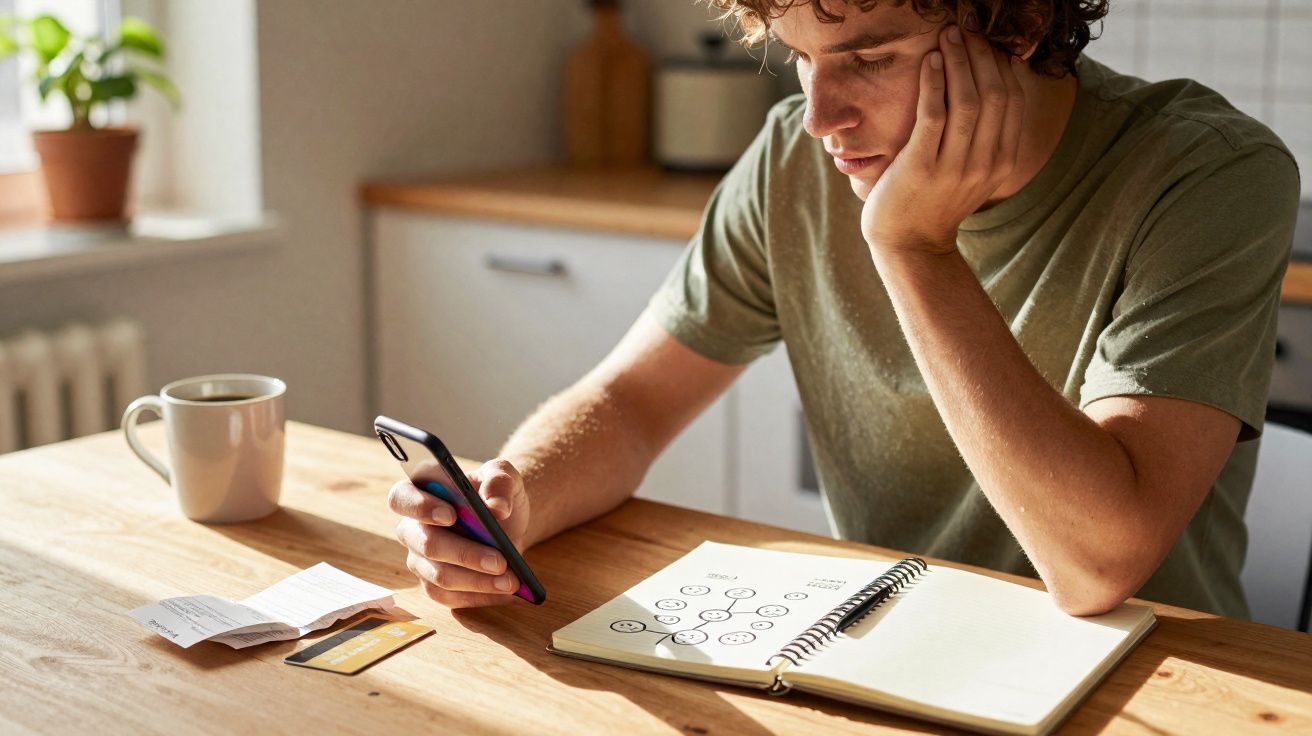 Jovem sentado a olhar para o telemóvel, com caderno, cartão e fatura na mesa de madeira iluminada.