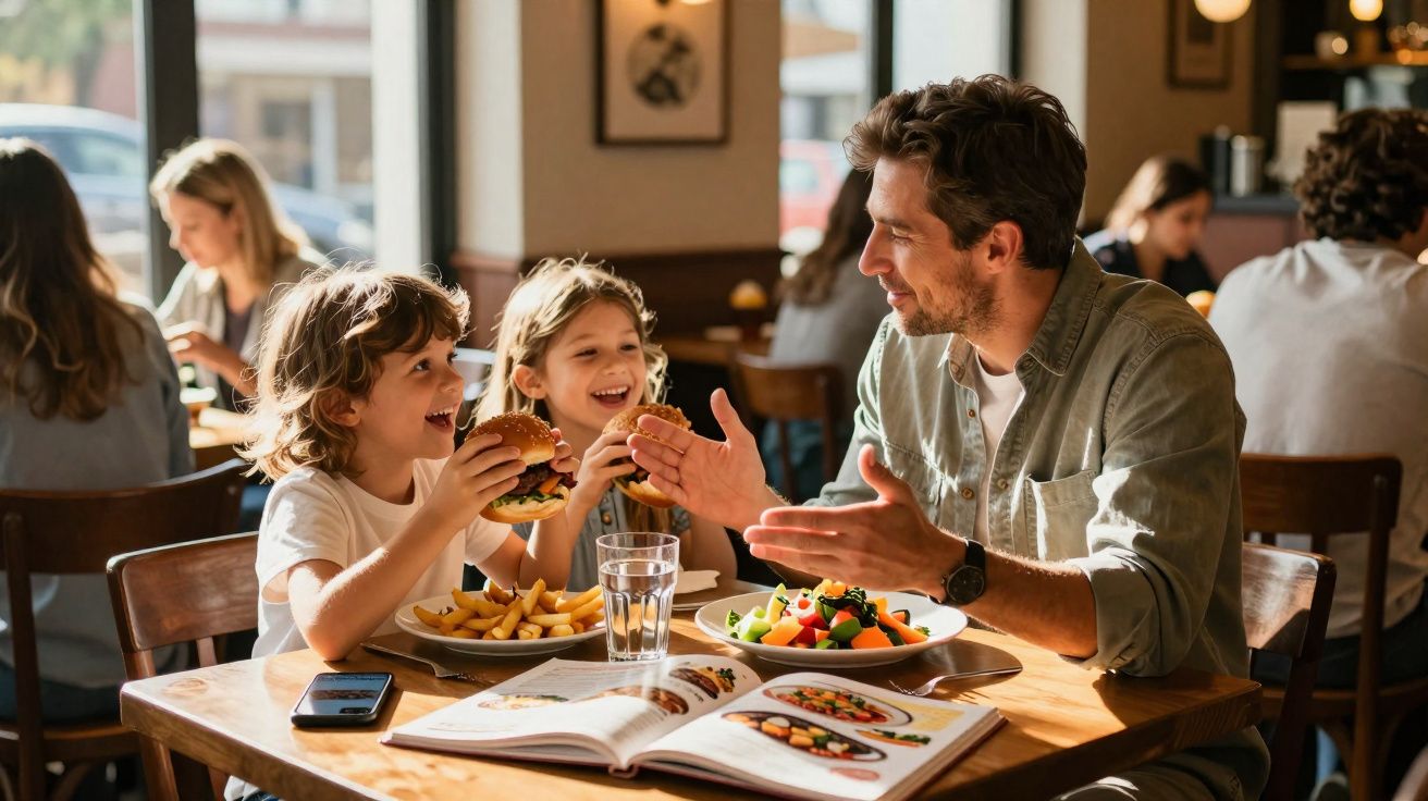 Pai e filhos a rir enquanto comem hambúrgueres e batatas fritas num restaurante acolhedor.