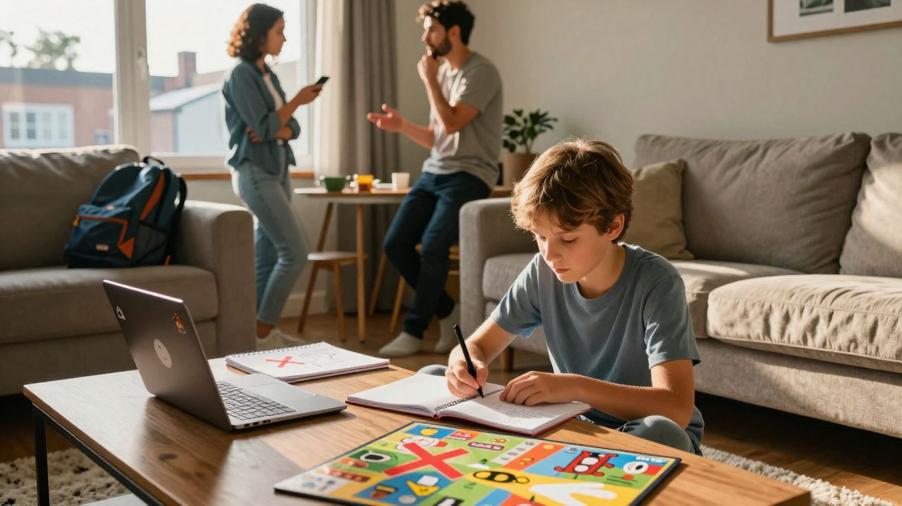 Criança a estudar numa sala com computador, enquanto dois adultos conversam ao fundo perto da janela.