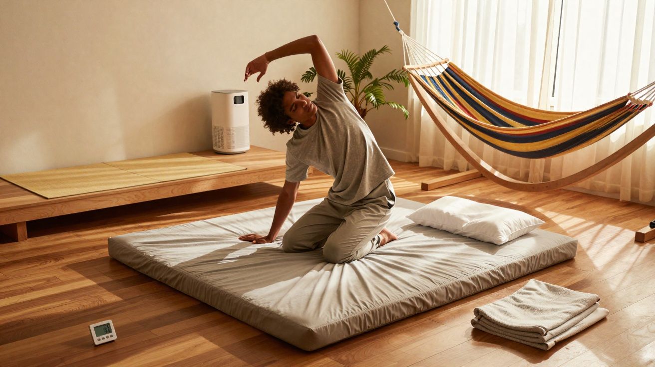 Pessoa a fazer alongamentos numa almofada no chão de madeira, junto a rede colorida e várias toalhas dobradas.