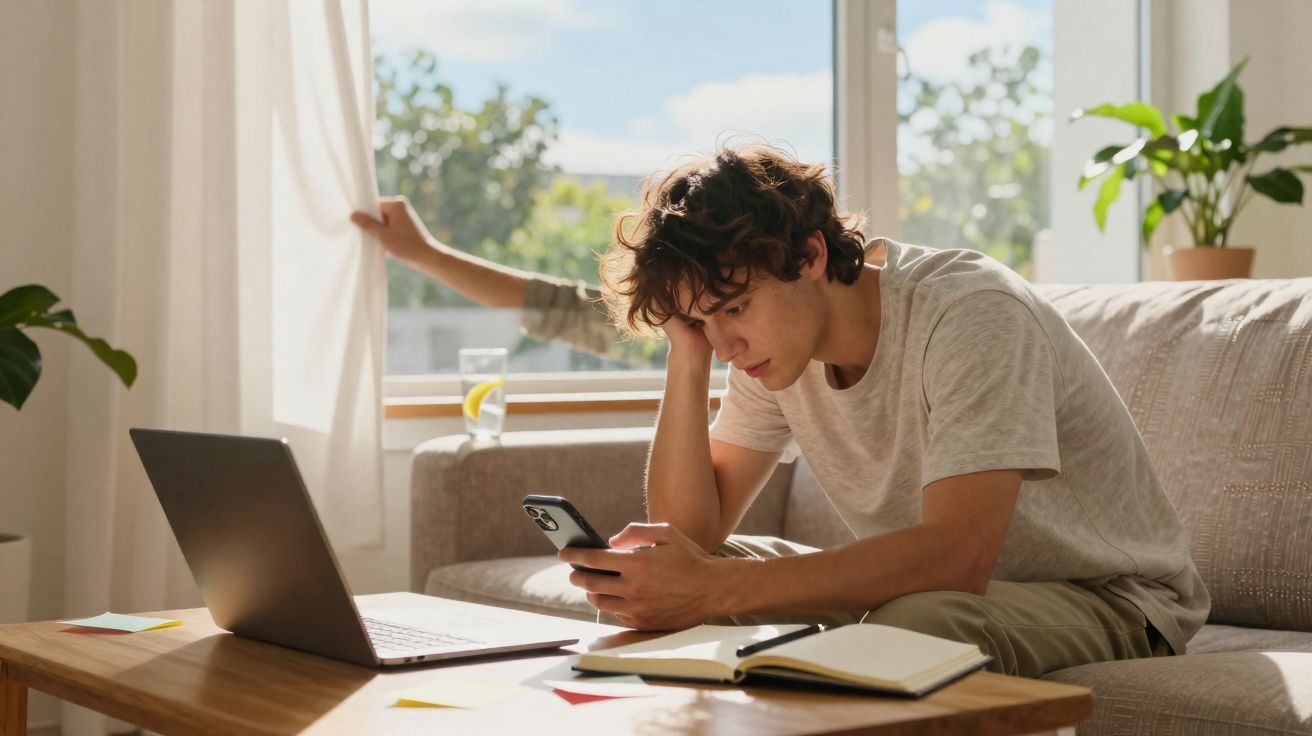 Jovem sentado no sofá a olhar para o telemóvel com portátil e caderno numa mesa à sua frente.