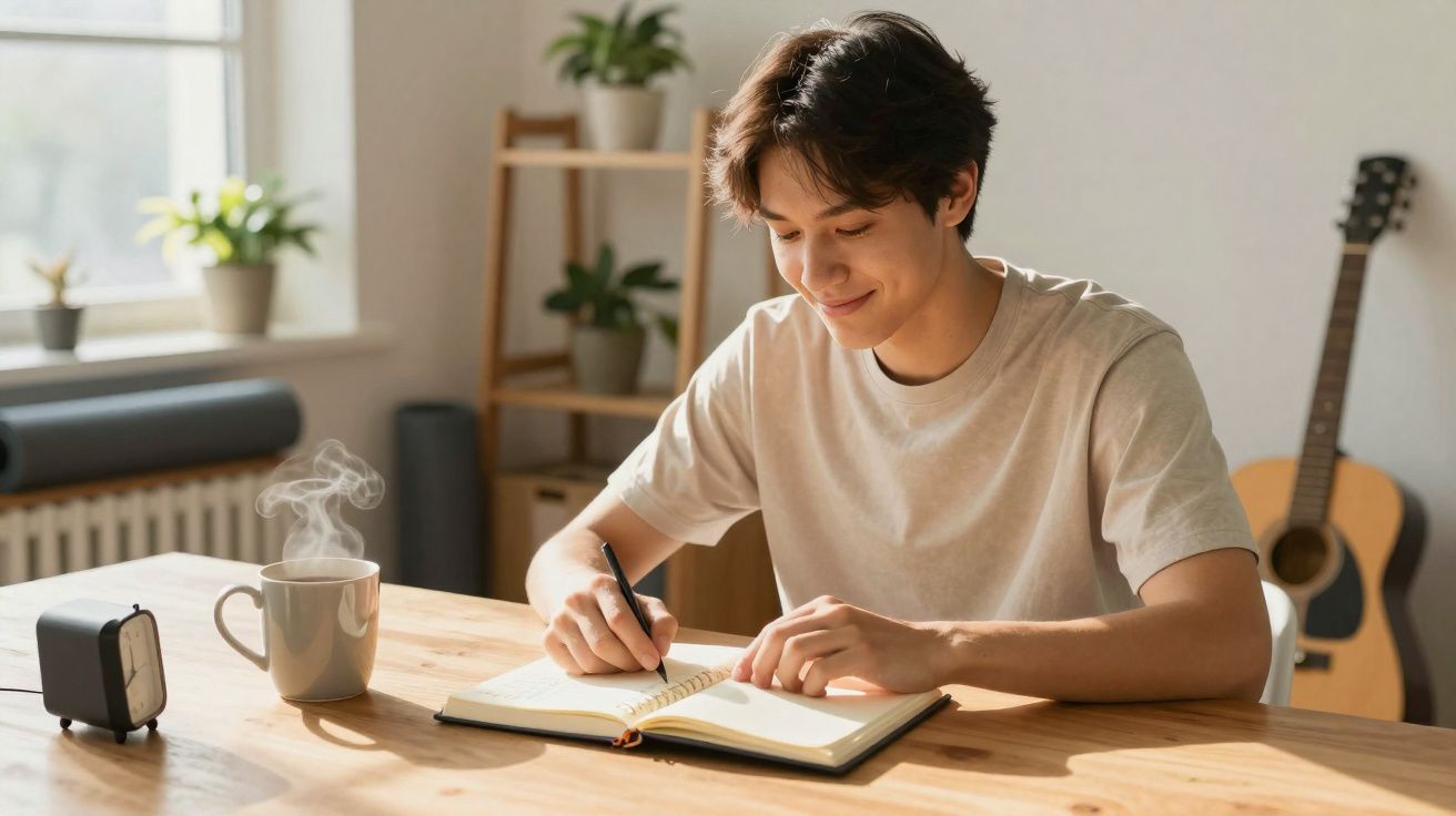 Jovem sentado a escrever num caderno com uma caneca de chá fumegante e uma guitarra ao fundo.