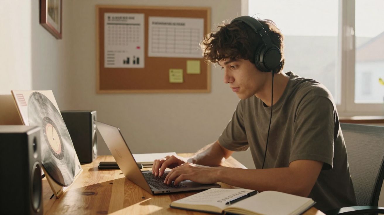 Jovem com auscultadores a usar portátil numa secretária com caderno aberto numa sala iluminada.