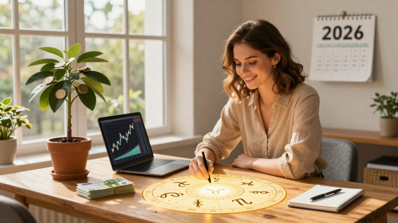 Mulher sorridente traçando círculos astrológicos numa mesa com laptop, plantas e calendário de 2026.