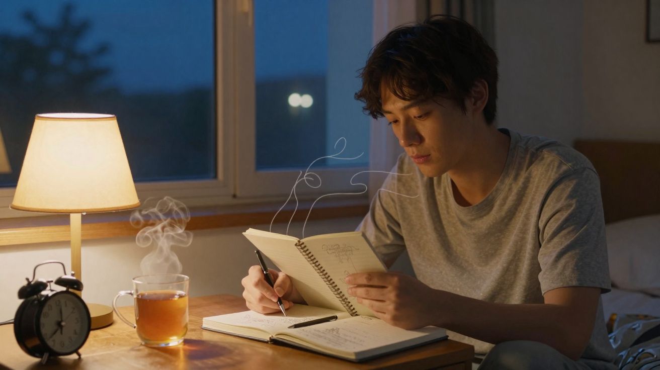 Jovem sentado a estudar numa mesa com lâmpada, chá quente e despertador numa sala à noite.